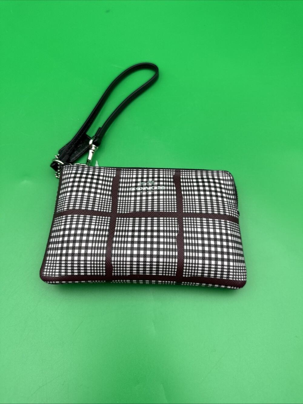 Coach Peyton Glen Plaid Print Small Wristlet Burgundy/Black/White Clutch